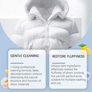 Detail showing features of gentle down jacket detergent for cleaning and fluffiness