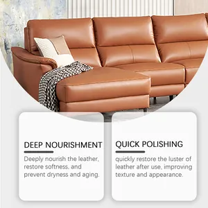 Leather care cream detail showing deep nourishment and quick polishing effects on a sofa