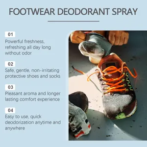 Footwear deodorant spray benefits description showing usage with shoes and socks.