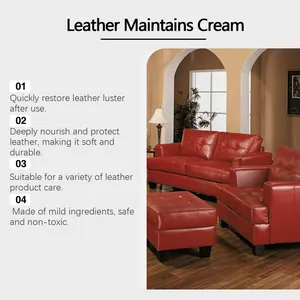 Macro detail of a luxurious red leather sofa restored with nourishing leather care cream