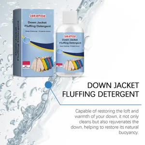 Close-up of Jakehoe down jacket detergent bottle and box featuring deep cleaning technology