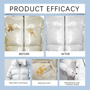 Comparison showing down jacket detergent removing stains and restoring fluffiness