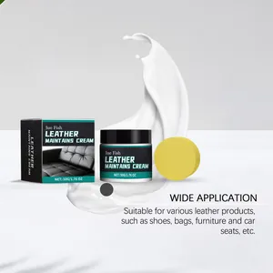 Detailed view of Jue Fish leather care cream with application sponge and packaging.