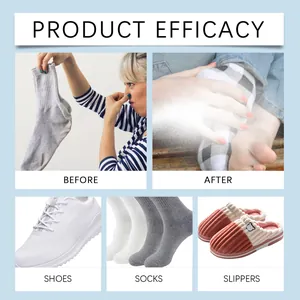 Efficacy infographic for shoe and sock deodorizer spray showing before and after results