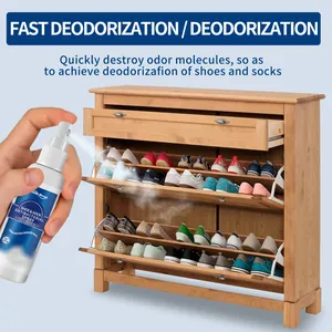 Vue détaillée d'un spray déodorant pour chaussures appliqué dans un meuble à chaussures