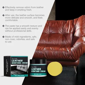 Leather maintenance cream kit with sponge and jar shown next to a brown leather sofa.