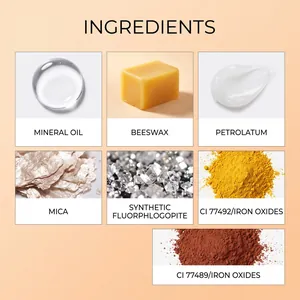 Primo piano degli ingredienti del trucco tra cui cera d'api, mica e ossidi di ferro