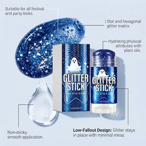 Dettaglio dello stick glitterato blu per viso e corpo con particelle a forma di stella