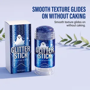 Dettaglio stick trucco glitter blu per viso e corpo con confezione a tema fantasma