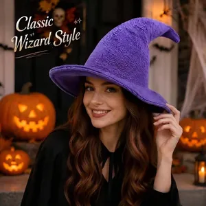 Detail of a handcrafted purple knitted wizard hat for festive Halloween theme parties