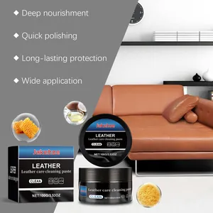 Detail view of leather cleaning paste showing benefits for sofa care and nourishment.