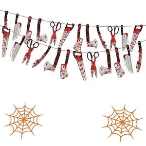 Bloody weapon banner with orange spider web stickers for creepy Halloween party decorations