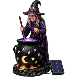 Statua di strega solare con calderone luminoso per decorazione da giardino Halloween