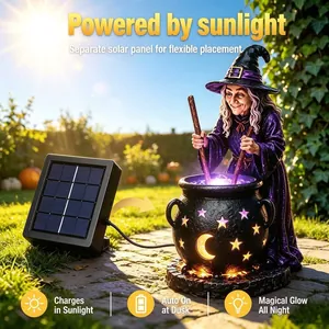 Statua di strega di Halloween lampada solare da giardino con calderone luminoso LED