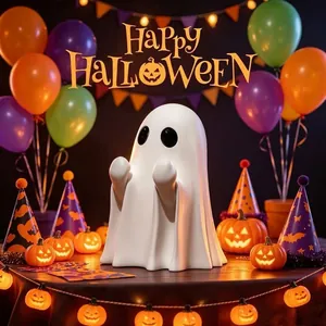 Gros plan d'une figurine de fantôme d'Halloween montrant un doigt d'honneur dans un décor festif