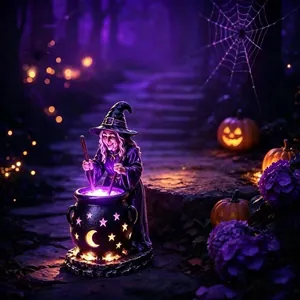Dettaglio di una statua di strega di Halloween con calderone luminoso viola