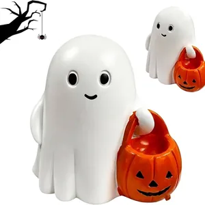 Figurine de Fantôme d'Halloween Statue de Fantôme Blanc en Résine avec Cœur Citrouille Figurine Décorative de Bureau Amusante