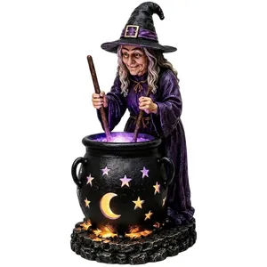 Statua della strega di Halloween con calderone luminoso per la decorazione del giardino esterno