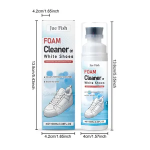 Detailed product dimensions of Jue Fish white shoes foam cleaner bottle and box.