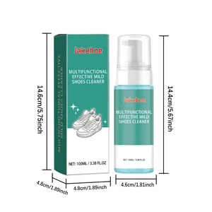 JAKEHOE shoe cleaner foam with detailed product dimensions and box packaging.