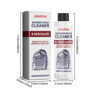 Detailed dimensions for the 100ml Jakehoe shower head cleaner and descaler packaging.