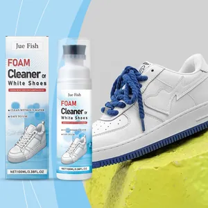 Detail view of Jue Fish foam cleaner bottle and box for white shoe care results
