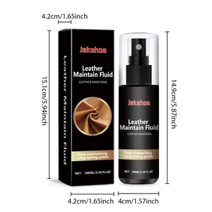 Macro view of 100ml leather maintain fluid spray bottle and packaging with dimensions