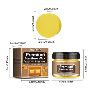 Dimensions of Jue Fish furniture wax jar, sponge, and packaging box in cm and inches