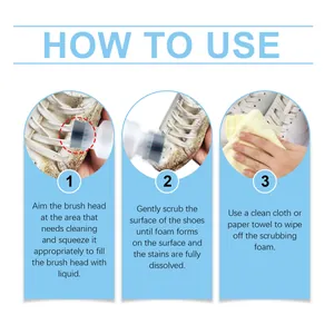 Three-step guide on how to use the white shoe foam cleaner for effective stain removal.