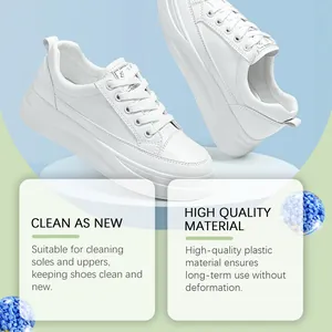 Detail view of clean white sneakers showing high-quality durable plastic material.