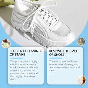 Detail infographic showing cleaning and deodorizing features of white shoe foam cleaner