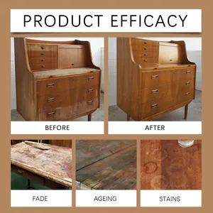Before and after comparison of furniture wax repair on faded and aged wood surfaces.