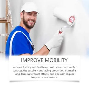 Professional worker applying white waterproof coating to a wall with a paint roller