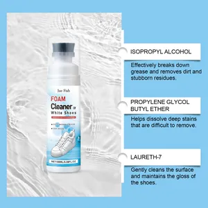 Detailed ingredients of Jue Fish white shoe foam cleaner showing efficient stain removal