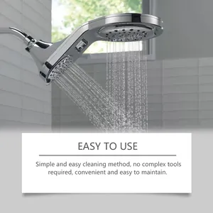 Chrome dual showerhead with water spray detail highlighting its easy cleaning features