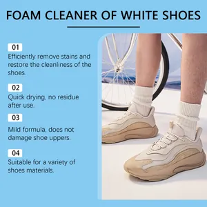 Multi-purpose white shoe foam cleaner showing stain removal and material safety features