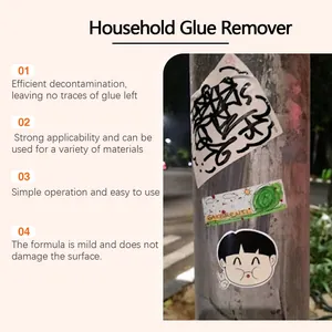 Detailed infographic showing household glue remover features for cleaning stickers off poles