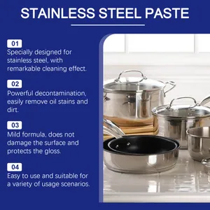 Professional cleaning paste showing bright and shiny stainless steel pots in a clean kitchen.