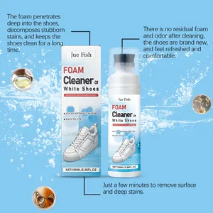 Detailed view of white shoes foam cleaner with packaging box and brush applicator