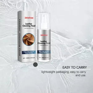Close-up detail of Jakehoe 100ml leather cleaning fluid in portable travel packaging.