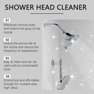 Close-up of shiny chrome shower head with key features of descaling cleaner solution