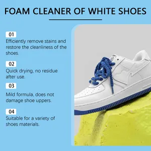 Detail view showing foam cleaner benefits for white leather sneakers on textured yellow block.