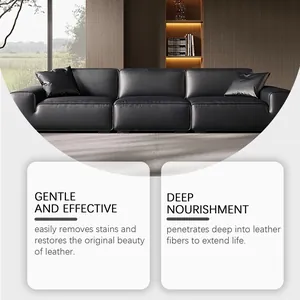 Detail showing leather sofa with gentle cleaning and deep nourishment benefits for leather care