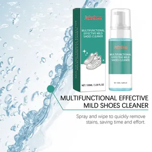 Details zum multifunktionalen Jakehoe Schuhreiniger, 100ml Flasche und Verpackung