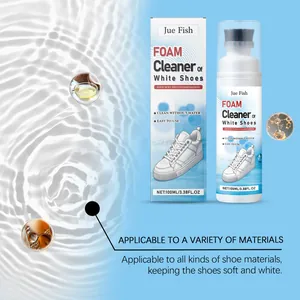 Jue Fish white shoe foam cleaner packaging and bottle with ingredient icons on blue water background