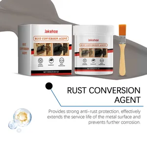 Detailed view of Jakehoe rust conversion agent set with box jar and applicator brush