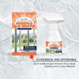 Jue Fish household glue remover bottle and packaging box with liquid splash background