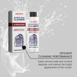 Jakehoe shower head cleaner and descaler bottle with box on a water splash background.