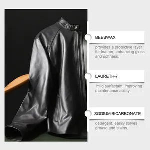 Detailed ingredients list for leather care showing beeswax, laureth-7, and sodium bicarbonate