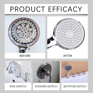 Before and after cleaning effect of shower head descaling cleaner on bathroom faucets